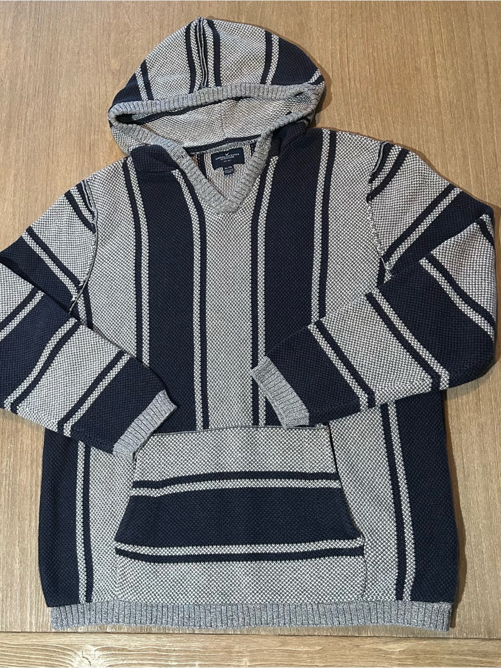 American Eagle Men's Knit Baja Hoodie Striped Surf Poncho Sweater Navy Gray XL
